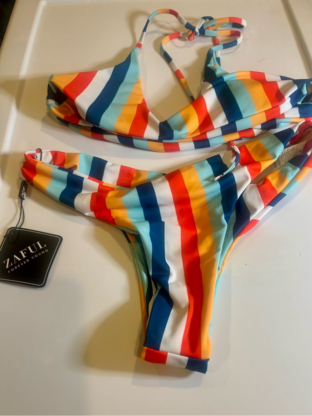 Zaful Rainbow Stripe Tie Bikini - Bright Multicolor